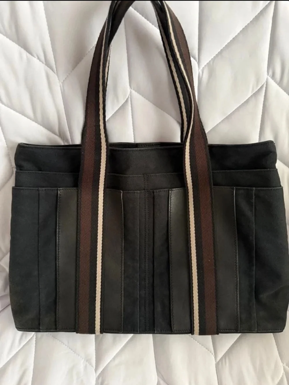 Hermes Black Canvas Messenger Bag with Brown Striped Handles